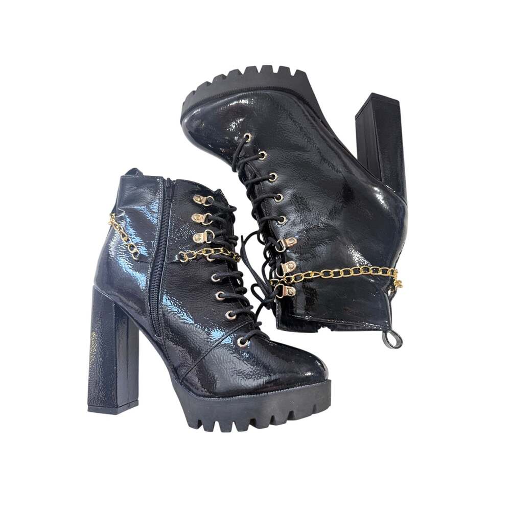 Women’s 9W Black Patent Platform Combat Boots Gold Chain Chunky Heels Goth Y2K